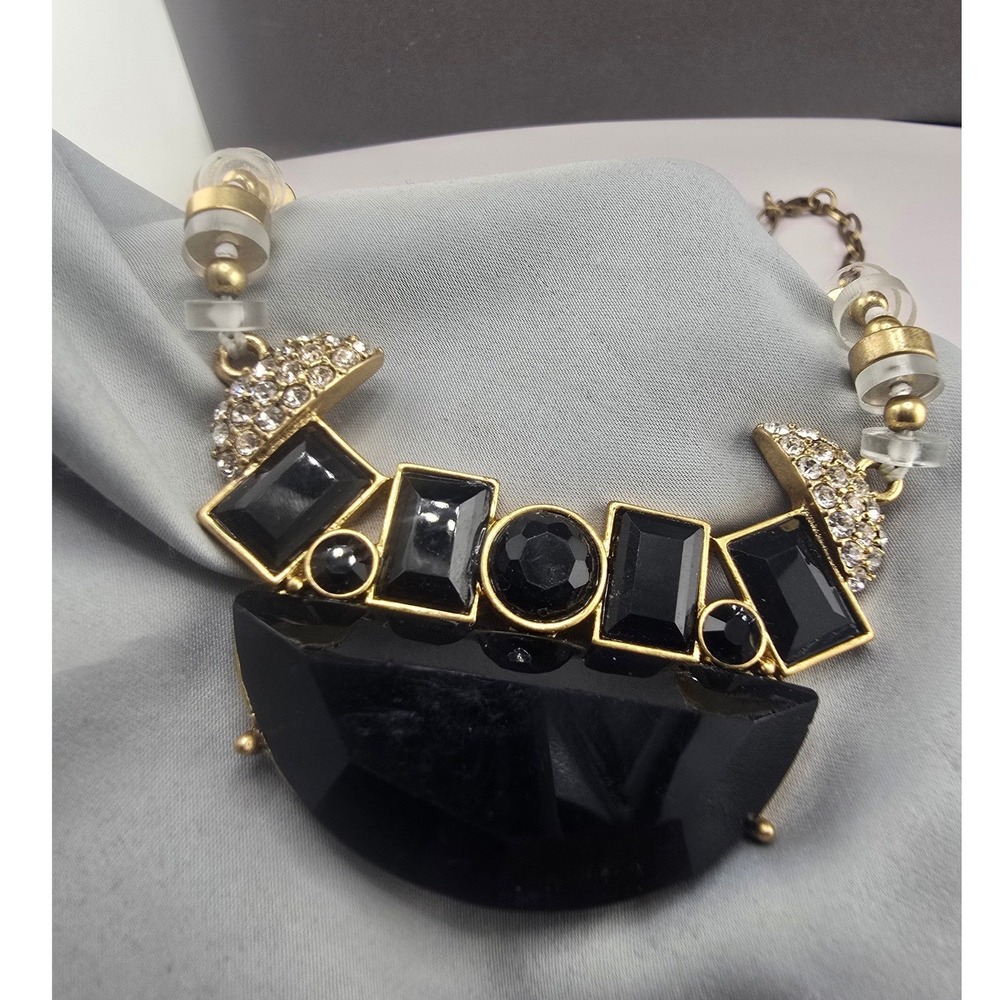 J.Crew Necklace Black Gold Tone Statement Bib Geometric Beaded 13.5in